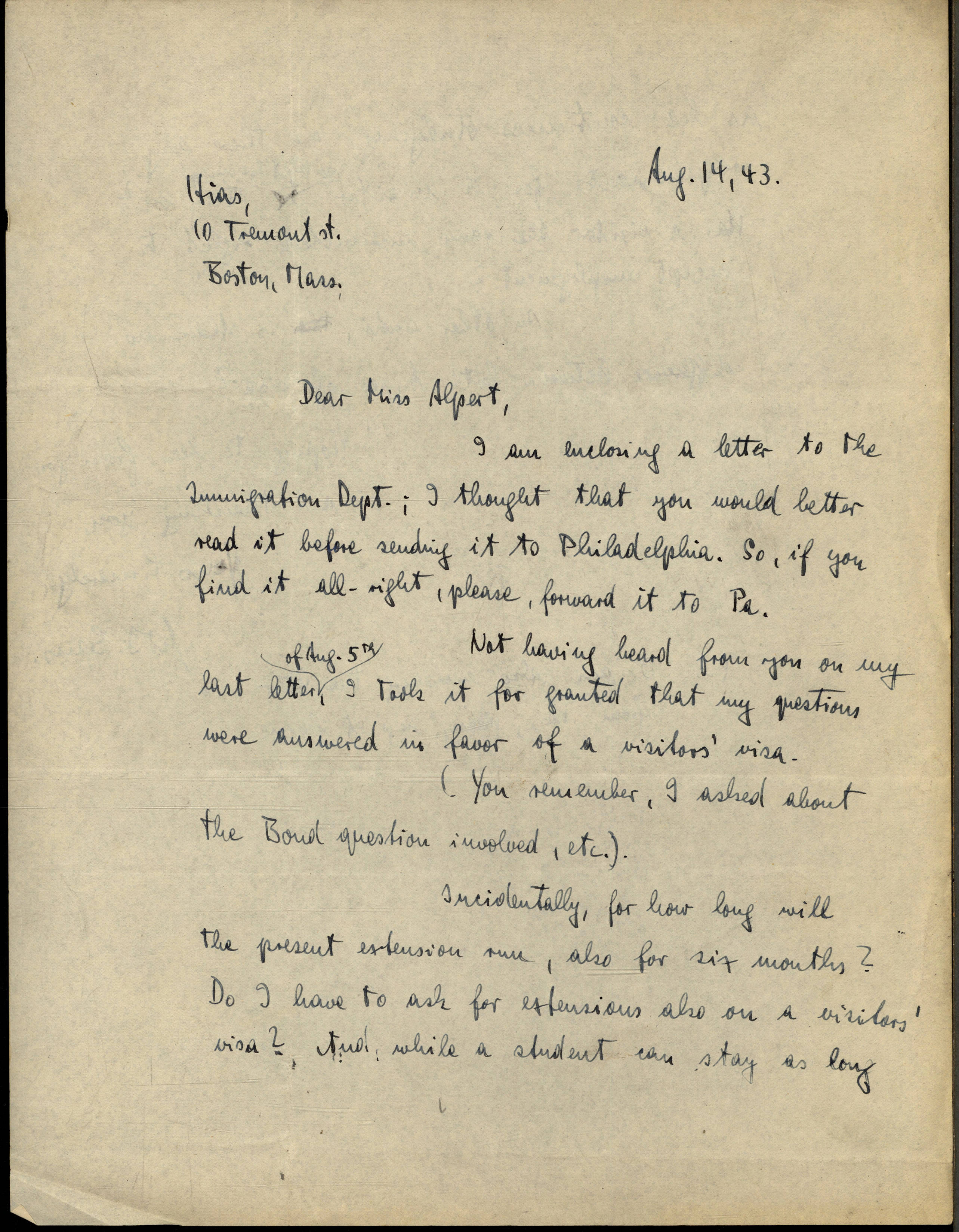 Letter from Werner Gans to the Boston Hebrew Immigrant Aid Society 
