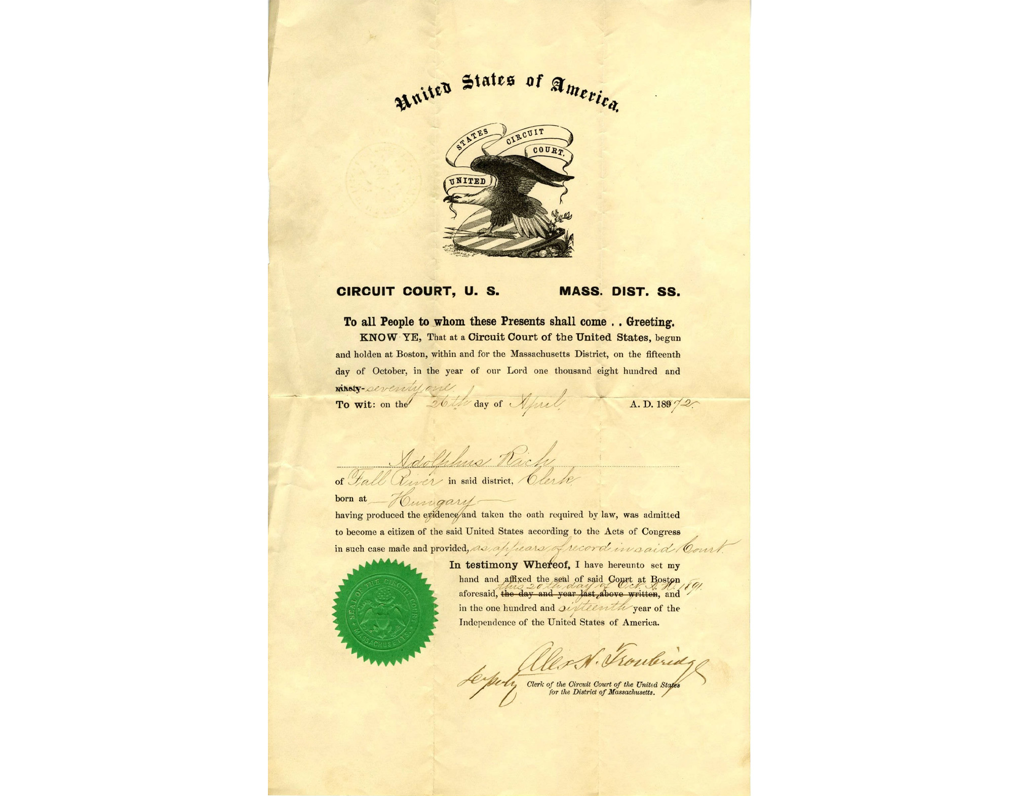 Certificate of Citizenship of Adolphus Strassman