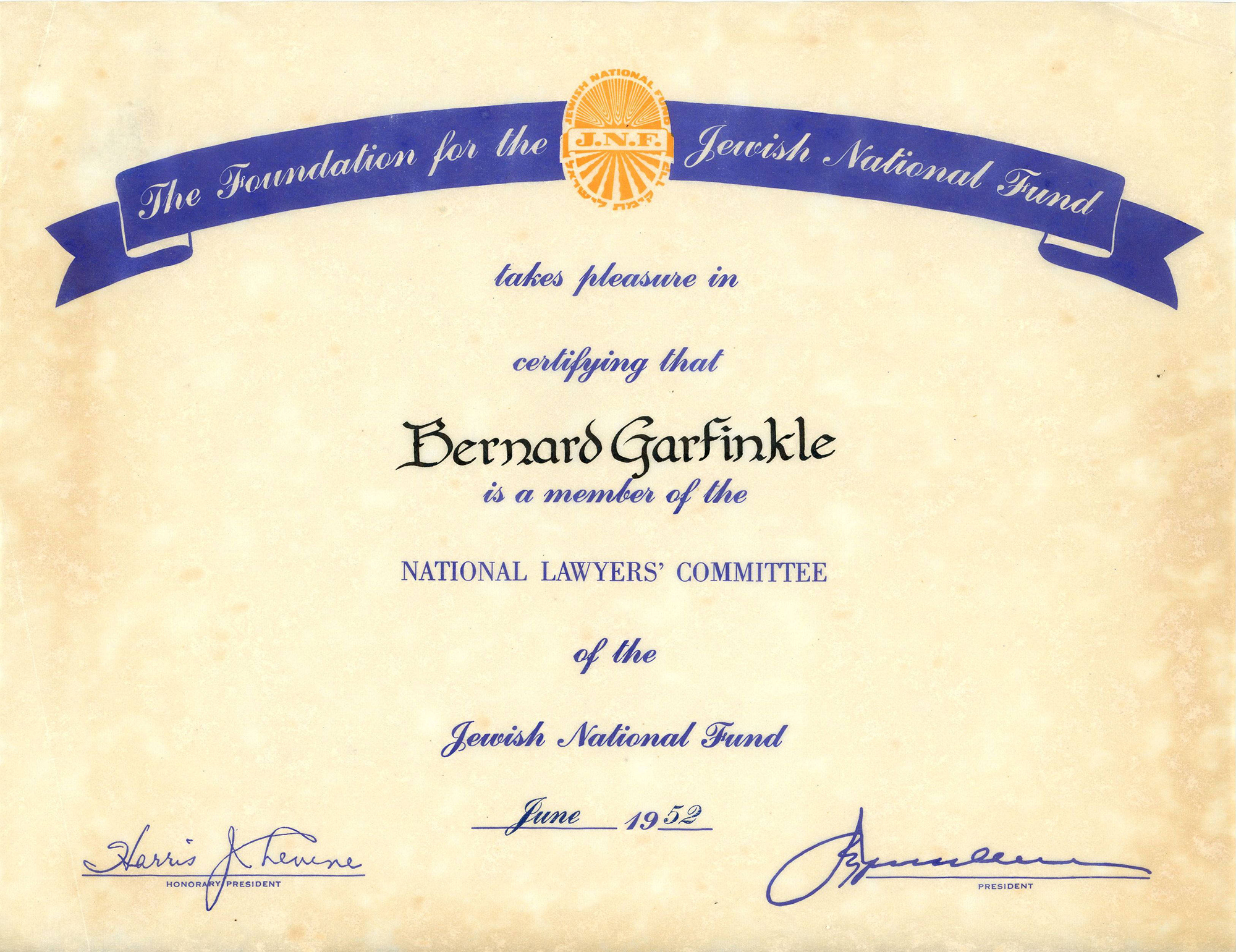 National Lawyers Committee of the Jewish National Fund Certificate
