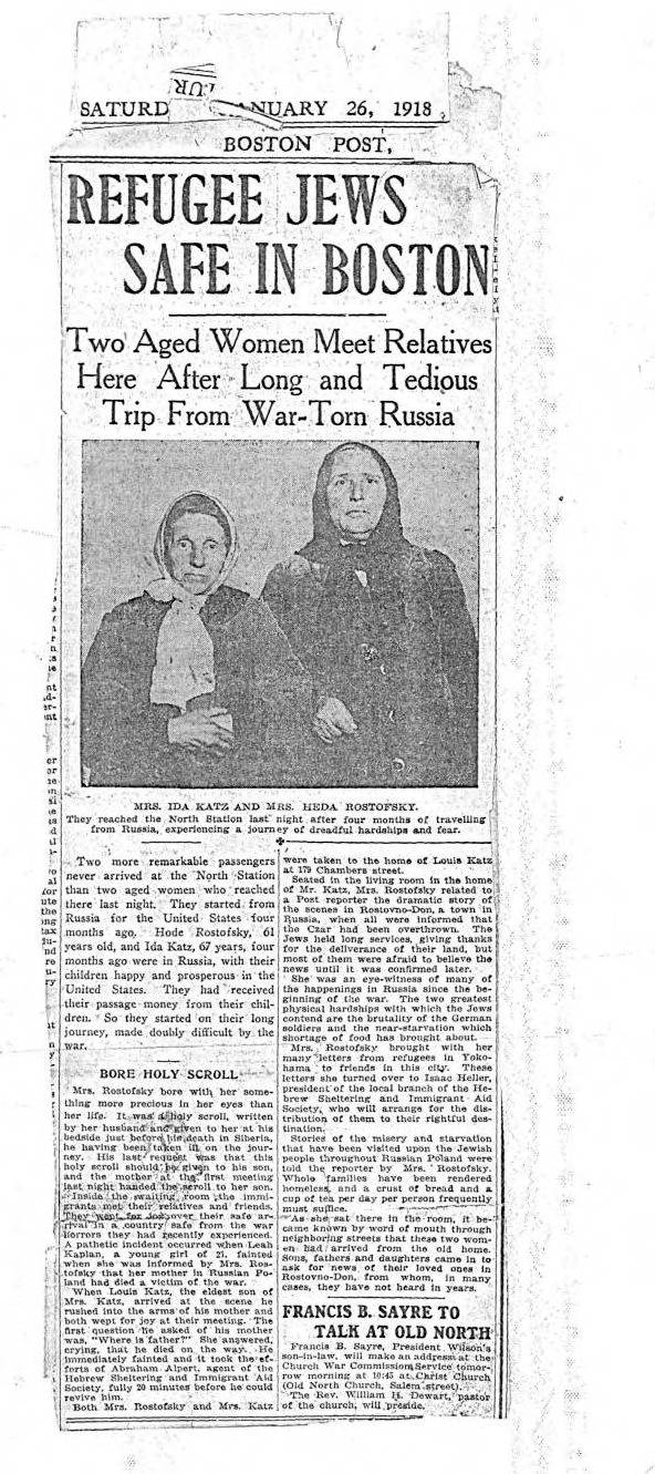 Boston Post newspaper article on Russian Jewish refugees, 1918. 