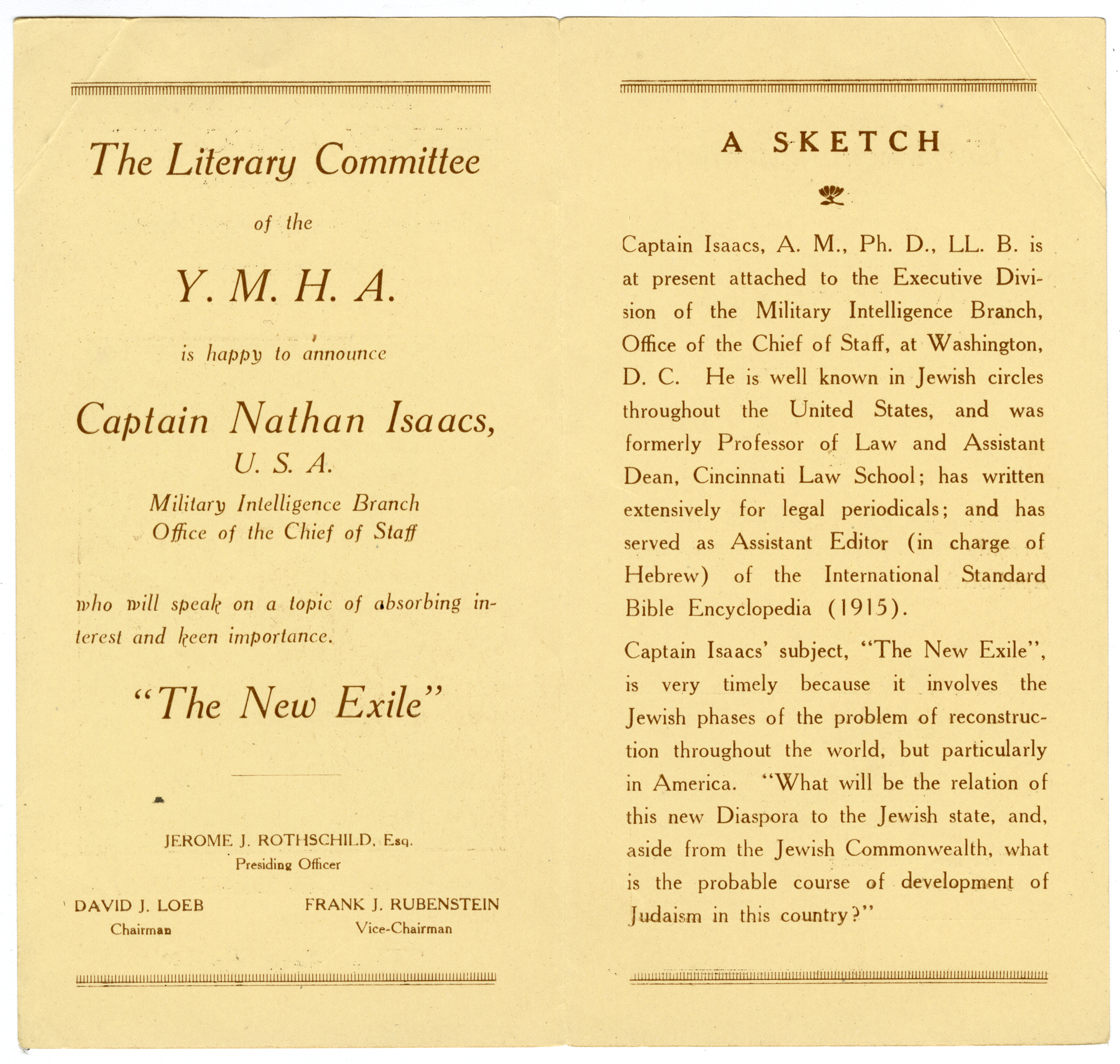 Nathan T. Isaacs lecture for the Young Men’s Hebrew Association of Philadelphia on “The New Exile,” 1919. 