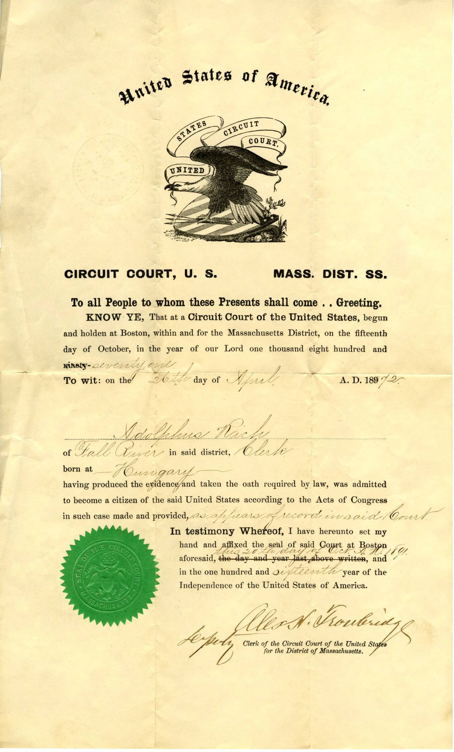 Certificate of Citizenship of Adolphus Strassman