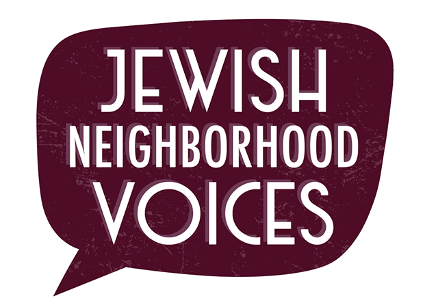 Maroon speech bubble containing the words: "Jewish Neighborhood Voices"