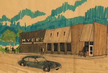drawing of a restaurant and car