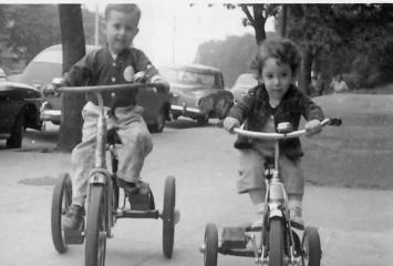 Laura Till and friend on tricycles in Dorchester, circa 1954, image courtesy of Laura Markowitz Till.