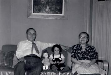 Laura (Markowitz) Till with her grandparents in Roxbury, circa 1955, image courtesy of Laura Markowitz Till.