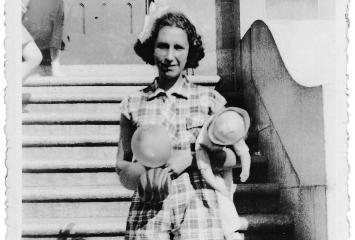 Ethel Sinofsky on the steps of Roxbury High School in Roxbury, 1936, image courtesy of Ethel Sinofsky. 