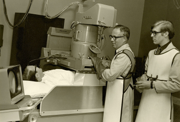 Doctors testing an x-ray machine at Jewish Memorial Hospital