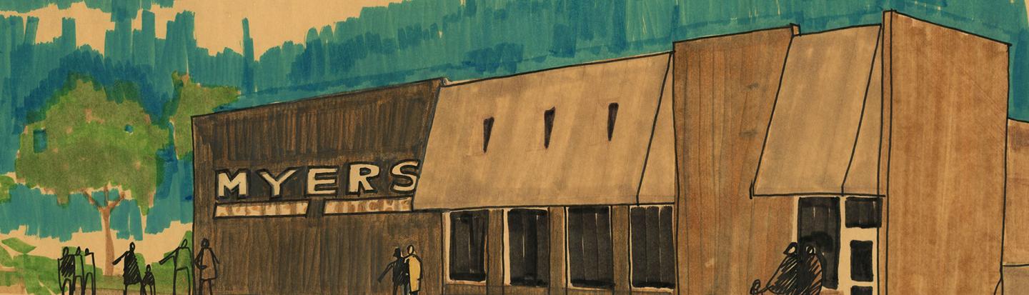 drawing of a restaurant and car
