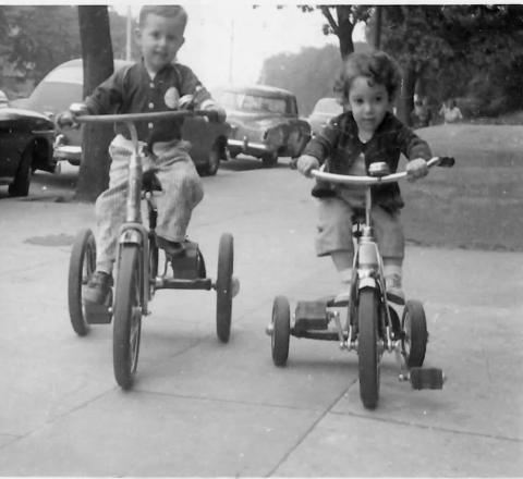 Laura Till and friend on tricycles in Dorchester, circa 1954, image courtesy of Laura Markowitz Till.