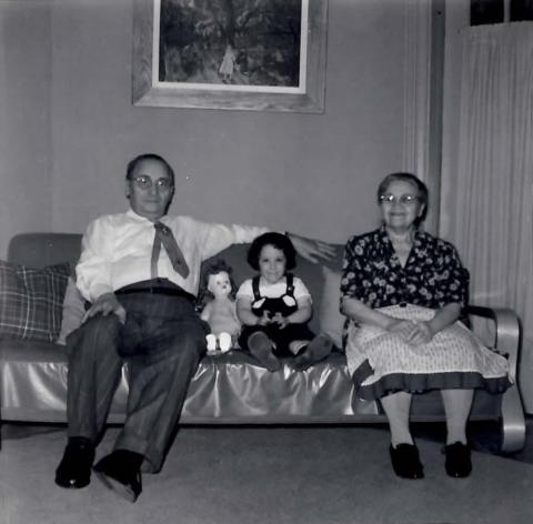 Laura (Markowitz) Till with her grandparents in Roxbury, circa 1955, image courtesy of Laura Markowitz Till.