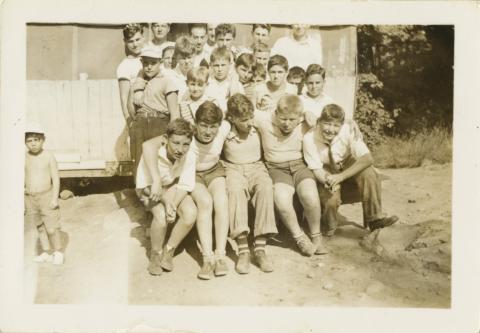 First period campers and staff at Hecht Pioneer Camp, 1939, Boston YMHA-Hecht House Records in the JHC archive.
