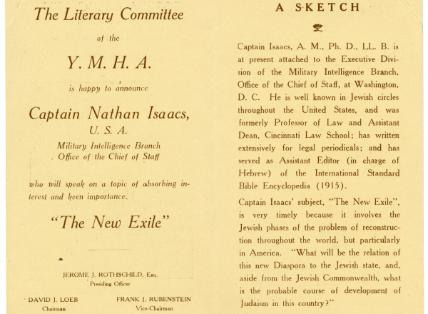 Nathan T. Isaacs lecture for the Young Men’s Hebrew Association of Philadelphia on “The New Exile,” 1919. 